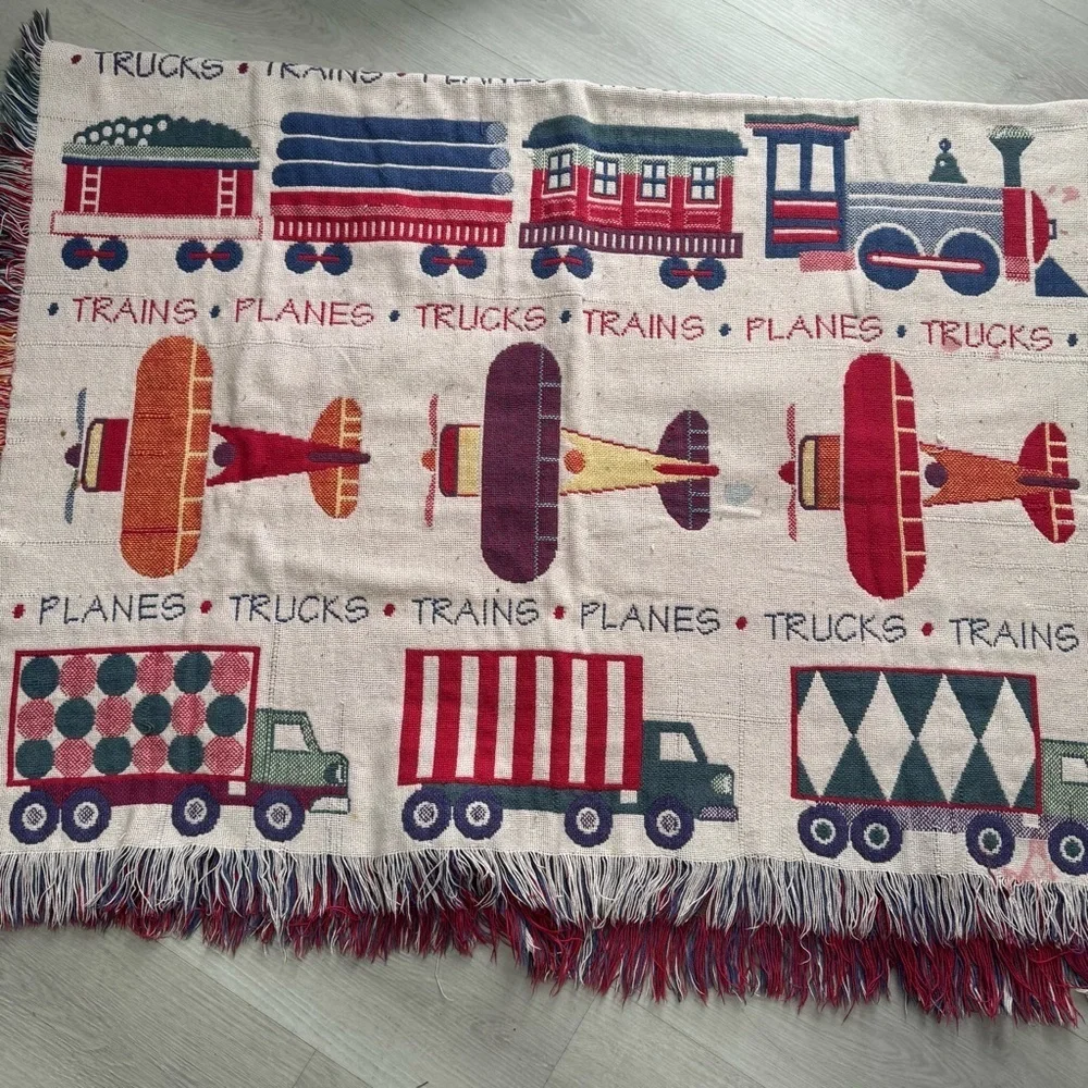 Pottery Barn Kids Vintage Woven Tapestry Throw Blanket Patterned Design Trains,